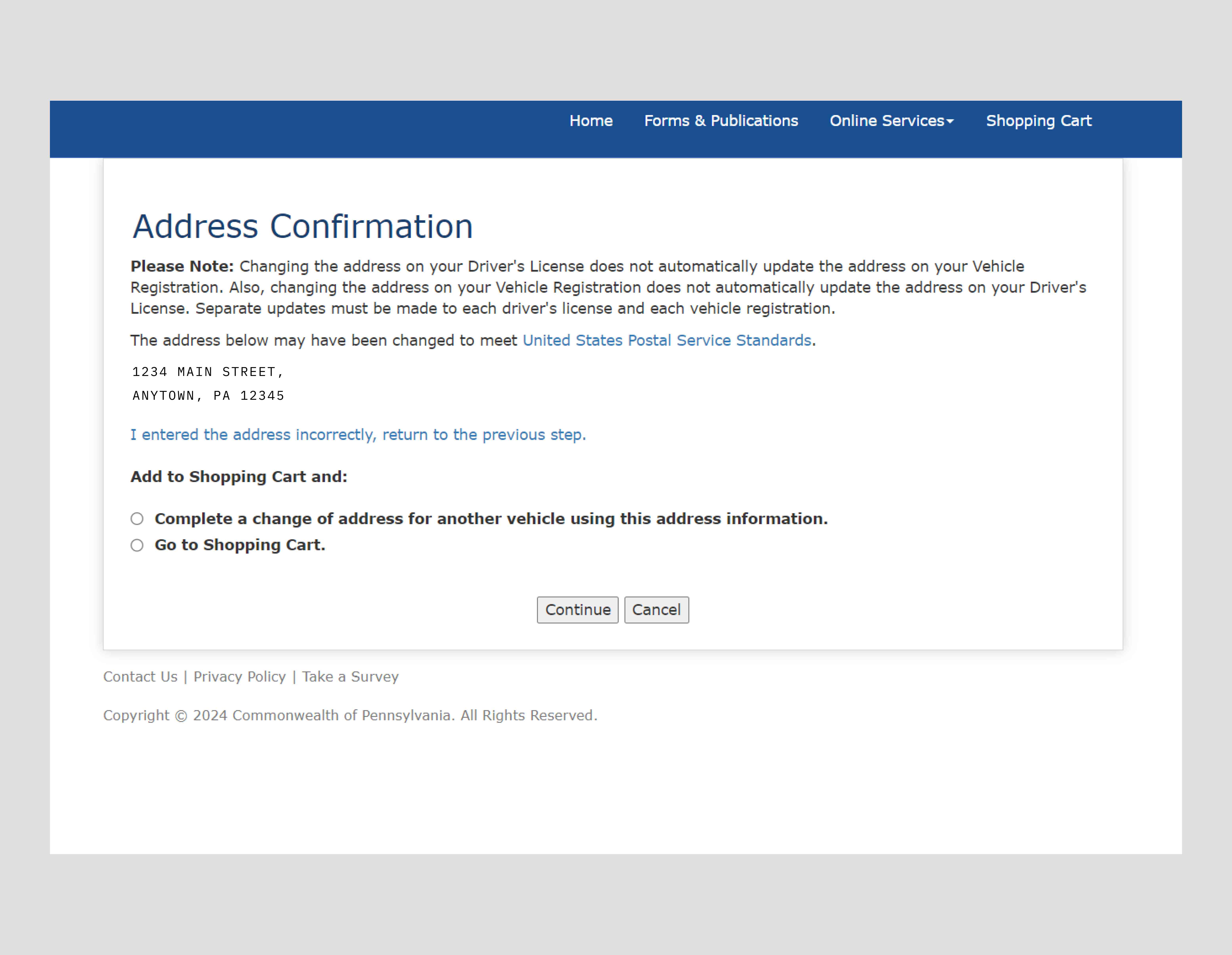 Old PennDOT Address Confirmation page